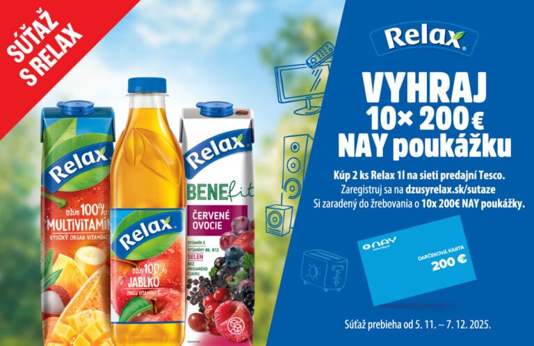 Osobitá reklama na džúsy Relax s možnosťou výhry 10×200 € na poukážky na nákup. Zdroj kvalitných ovocných džúsov s vitamínmi, zľavy pri kúpe 2 kusov a registrácia na stránke. Súťaž pre fanúšikov zdravého životného štýlu.