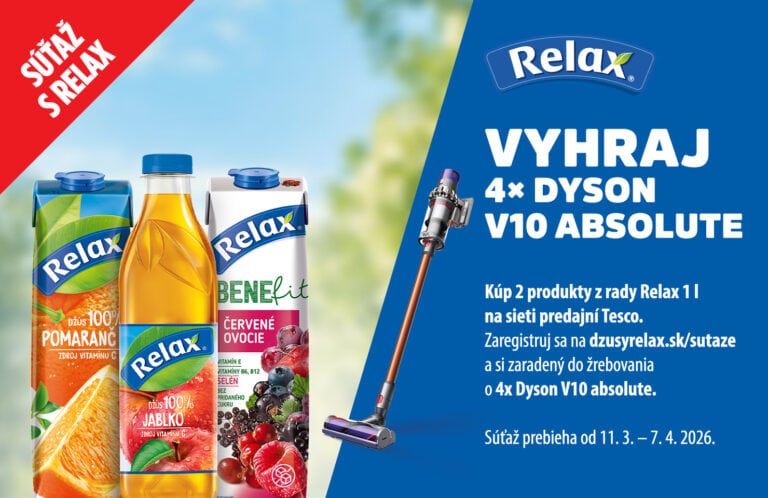 Obal šťavnatých ovocných džúsov Relax s pripojeným vysávačom Dyson V10 Absolute na propagáciu súťaže v TESCO.