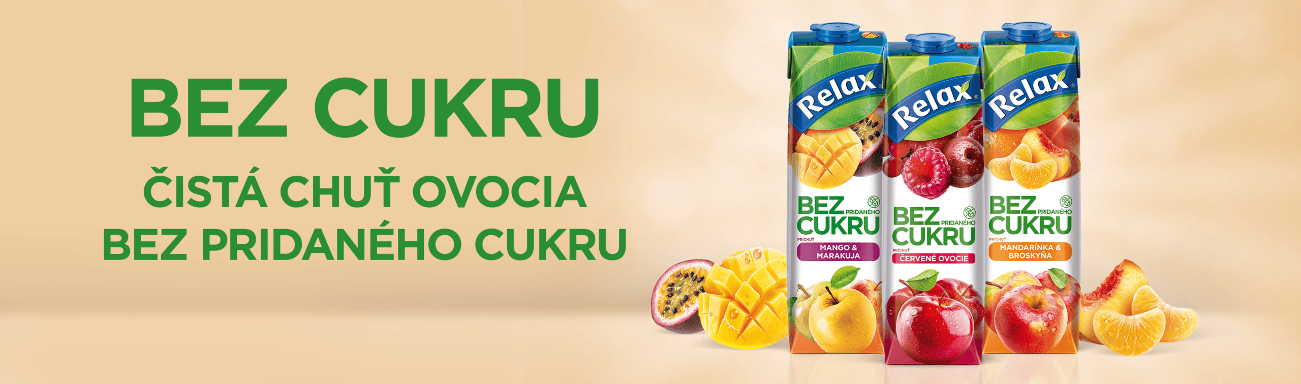 Obrázok troch džúsov Džúsy Relax bez cukru s ovocnými príchuťami, zdôrazňujúcich zdravú voľbu a prirodzenú chuť ovocia.
