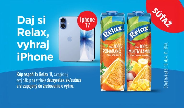 Obrázok s džúsmi Relax a iPhone 17, propagácia súťaže na stránke Džúsy Relax, výhra iPhone 17 pri kúpe džúsov, súťaž pre zákazníkov od 8.11. do 4.12.2026.
